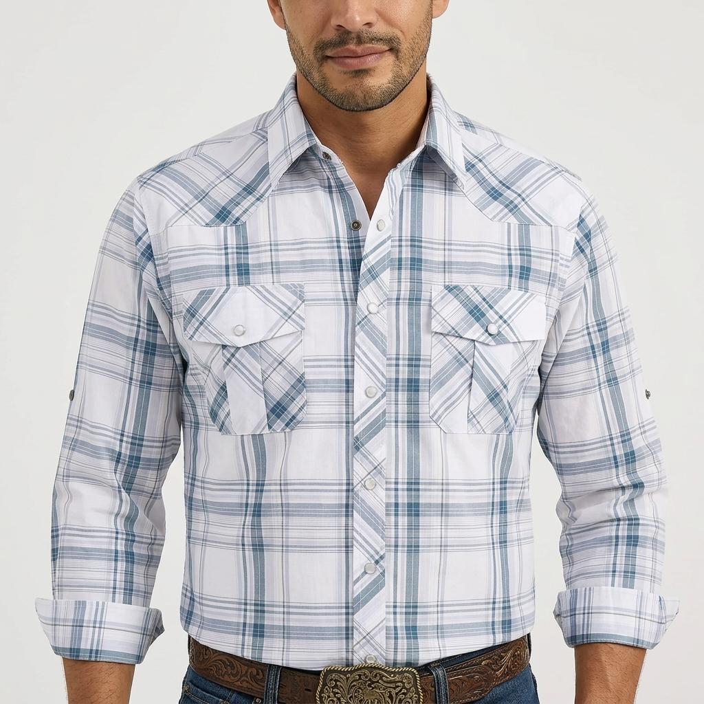 Summer Vibes Men's Western Pearl Snap Plaid Cowboy long sleeve shirt Lightweight Breathable Classic Fit Ranch Rodeo Country Concert Outfit,back to school,clothes for back to school,first day of school outfits