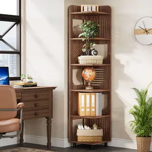 Tribesigns 6-Tier Tall Corner Shelf, 71-Inch Rustic Narrow Corner Bookshelf Bookcase with Square Rack, Freestanding Corner Display Storage Shelf Organizer for Living Room, Kitchen, Office, Brown Decor