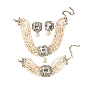 Fashion Bride Silver White Bridal Layered Rhinestone Crystal 1920s Faux Pearls Necklace Earrings Bracelet Set Crystal Wedding Jewelry Set for Special Occasions