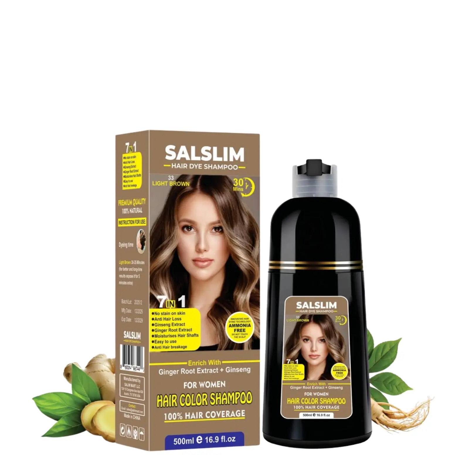 SALSLIM 7-in-1 Hair Dye Shampoo for Women – Natural Black | With Ginseng & Ginger Extracts | Ammonia-Free Formula | Hair & Beard Use