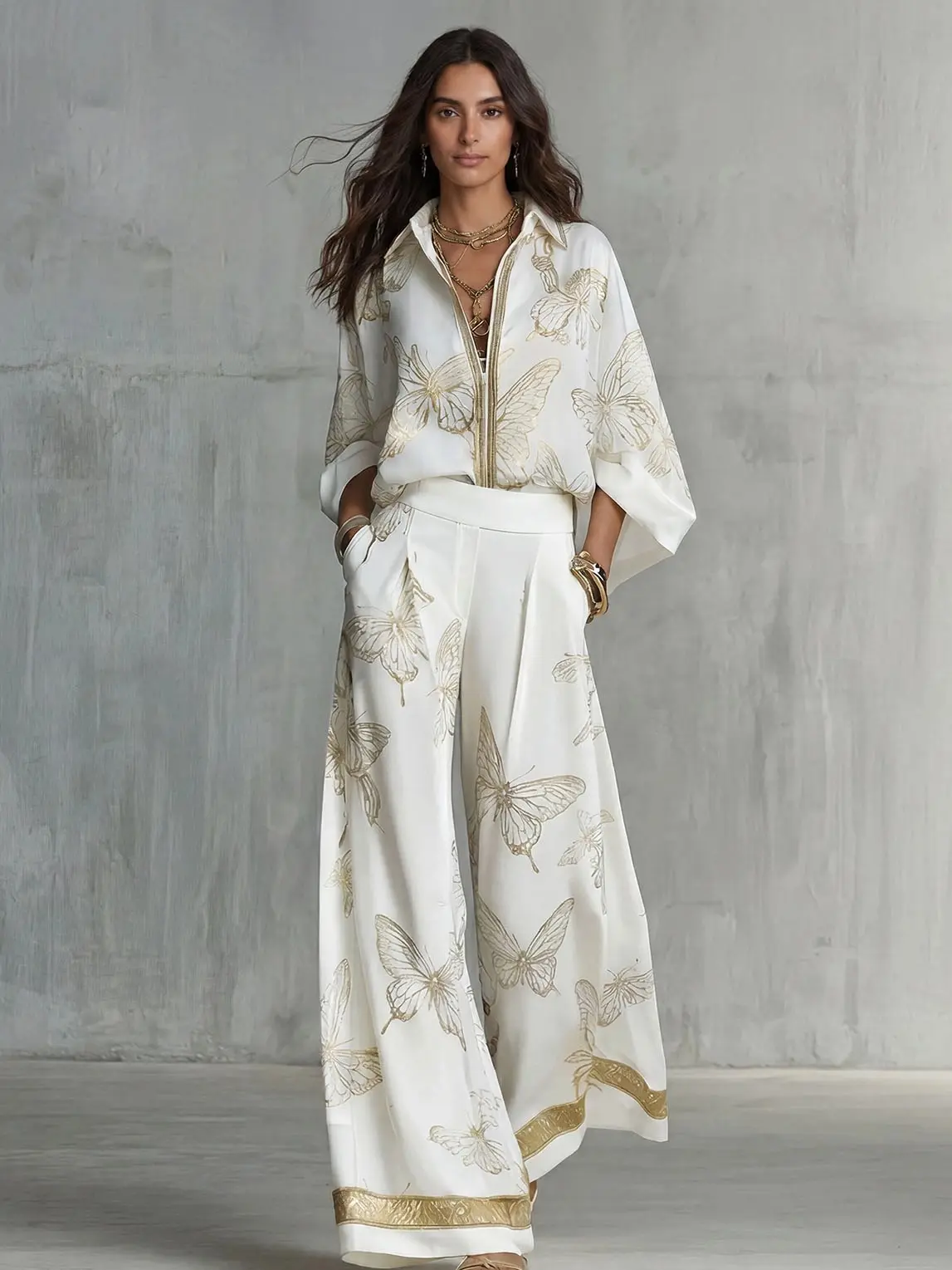 LikeMyChoice 2026 Butterfly Print Women's 2-Piece Silk Set, Elegant Vacation Outfit with Shirt & Wide Leg Pants, Womenswear Suits