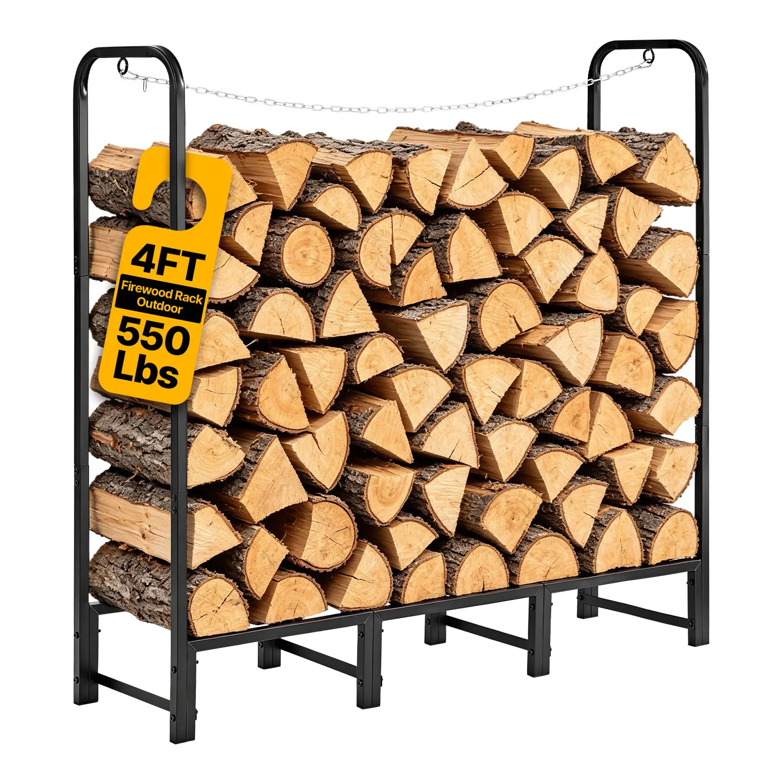 VEVOR Firewood Rack 4ft 1/4 Cord Heavy Duty Outdoor Wood Storage Holder, for Fireplace Patio Deck, 550 lbs Load Capacity, Carbon Steel Frame Fire Log Stacker Stand, Metal Wood Pile Organizer, Black