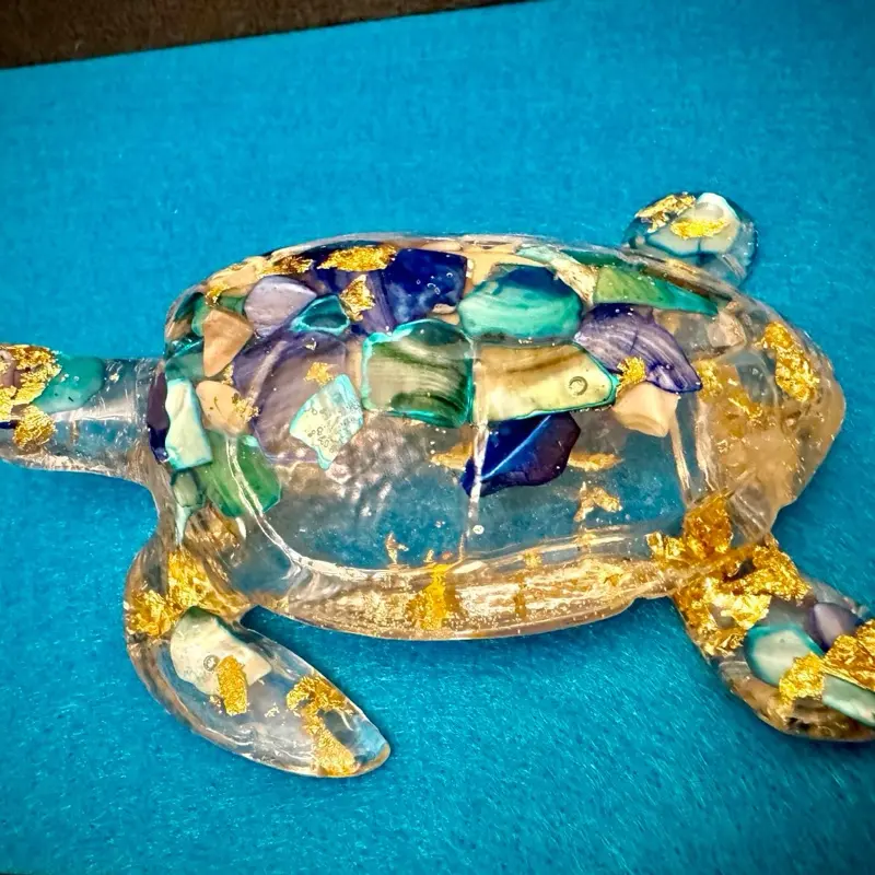 Large Handcrafted Sea Turtle Figurine with Mother of Pearl. Blue Nacre and Starfish Accents for Coastal Decor