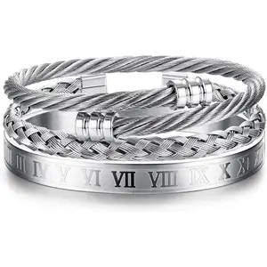Cassieca 3pcs Adjustable Bracelets for Men Roman Numeral Bangle Bracelet Stainless Steel Cuff Bracelet Twisted Cable Bracelet Mens Luxury Bracelets stainless steel men Bracelet