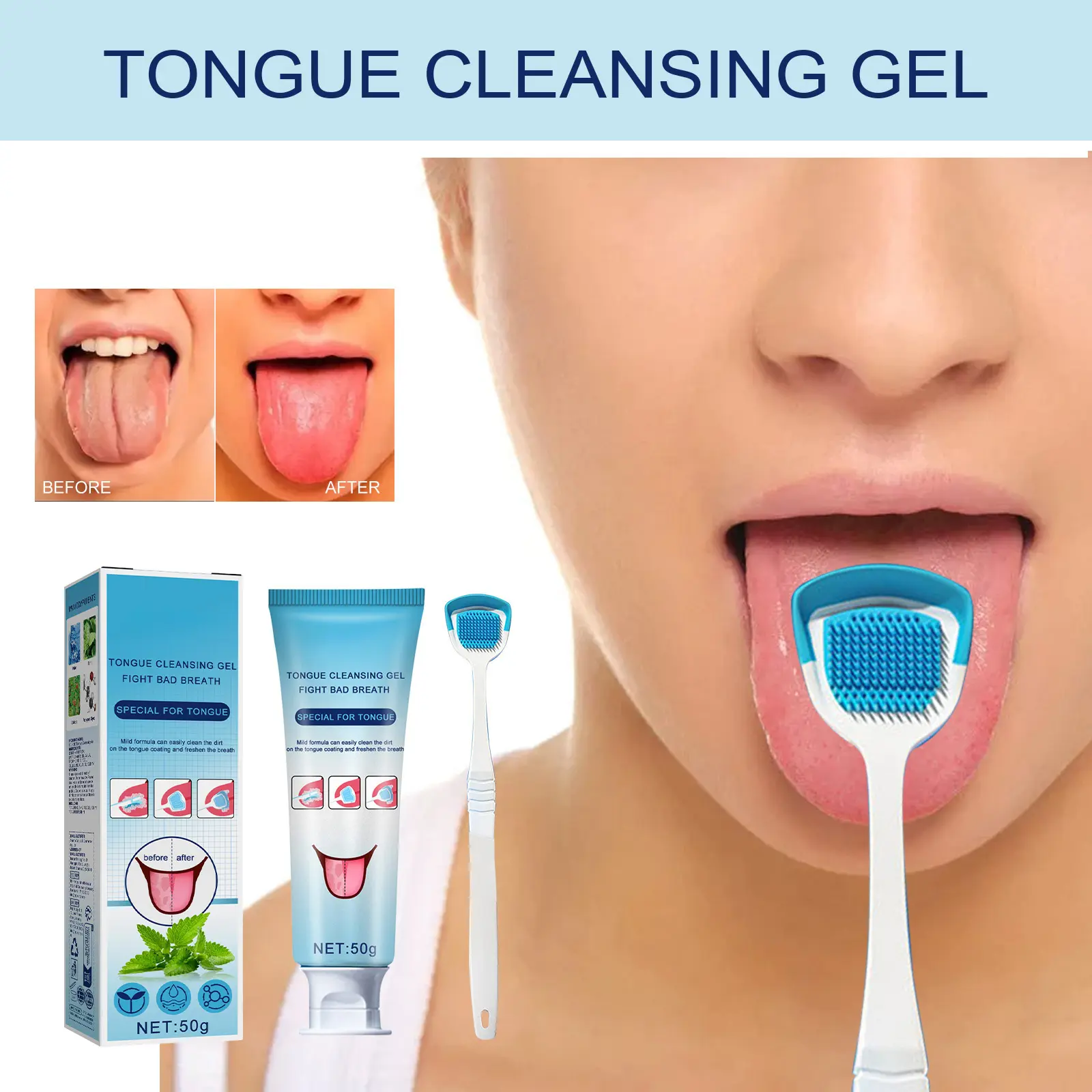 Tongue Cleaning Gel with Brush, Pro Tongue Scraper Kit for Deep Cleaning Oral Care, Bad Breath Control & Instant Minty Fresh Breath
