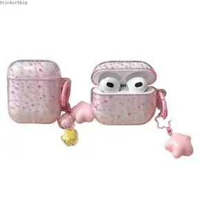 2026 Pink Star AirPods Case – Cute Transparent Silicone Cover with Keychain, Kawaii Aesthetic Shockproof Anti-Drop Wireless Charging Compatible Earbuds Case for AirPods 1/2/3/4/Pro/Pro 2