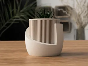 3D Printed Ribbed Succulent Planter – Contemporary Cache Pot with Cutout, Minimalist Textured Plant Holder, Japandi Style