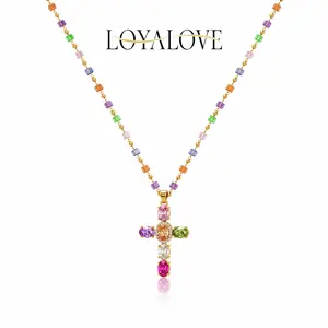 Loyalove 14K Gold-Plated Gold Spacer Beads / Multicolor Cubic Zirconia Cross Pendant Necklace, Jewelry Necklace, Fashion Accessory Gift, Women's Everyday Casual Match Item