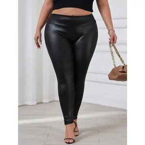 Women’s Plus Size High-Elasticity Leather Tummy Control Straight-Leg Cargo Joggers (PU), available in Black