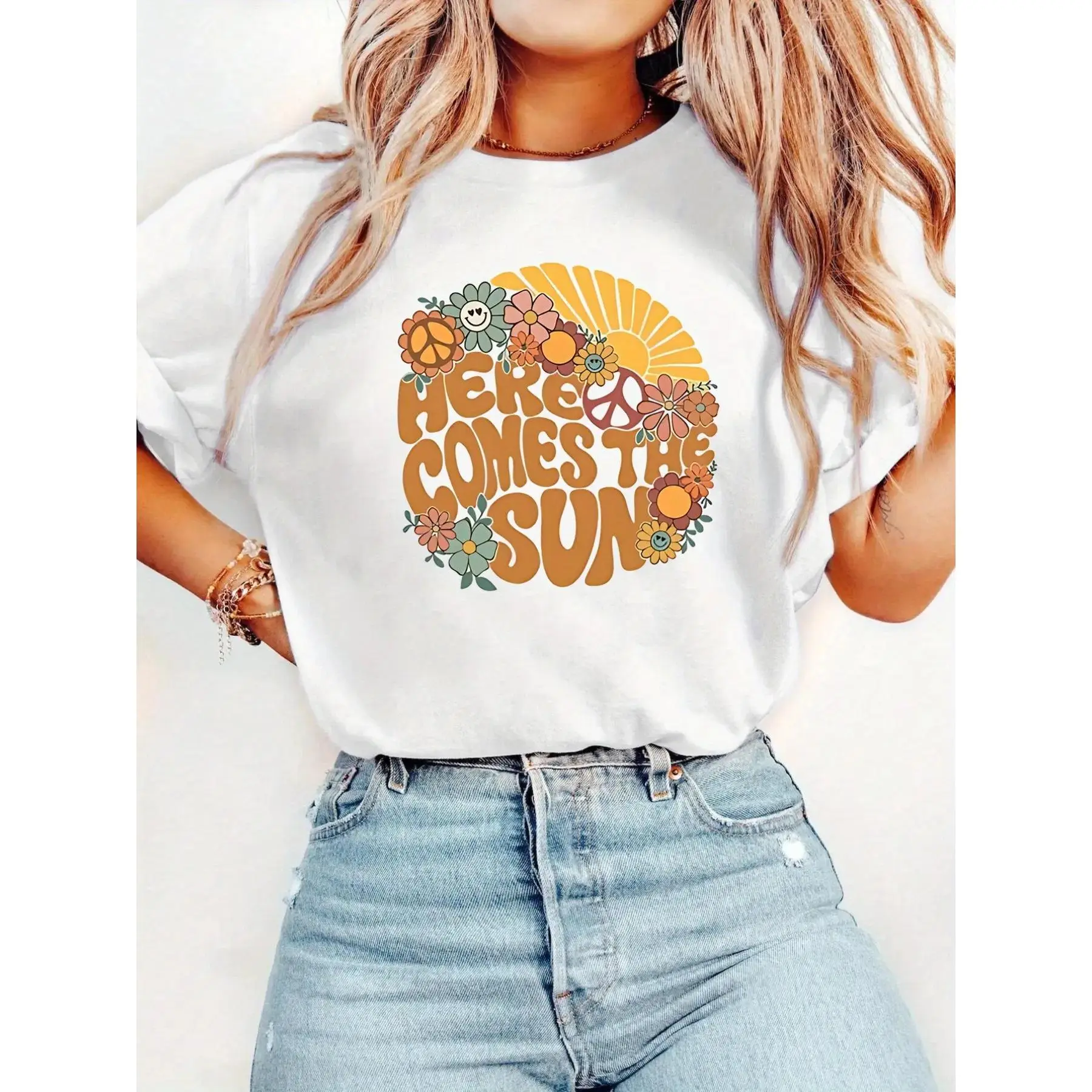 Women's Retro Sunflower T-Shirt, 100% Cotton Boho Hippie Graphic Top, Short Sleeve Loose Fit Summer Tee