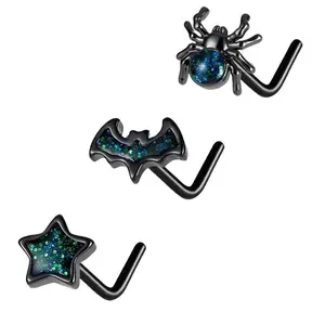 Oufer Blue Glitter 3PCS 20G Black Spider Bat Star L Shaped Nose Studs Set For Halloween