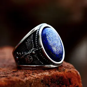 GTHIC Lapis Lazuli Archangel Michael Stainless Steel Gemstone Ring for Men Biker Jewelry Daily Wear