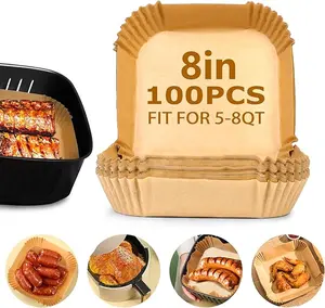 Air Fryer Disposable Paper Liners Square 8Inch, 100 Pcs Parchment paper liner for 5-8QT Air fryer, Oil-proof, Water-proof, Parchment Baking Paper for Baking Roasting Microwave