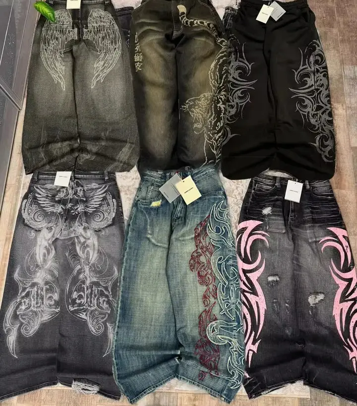 American Fashion New Black Old Washed Holes Baggy Jeans Ladies Y2K Vintage Punk Fashion Casual Joker High Waist Wide Leg Pants