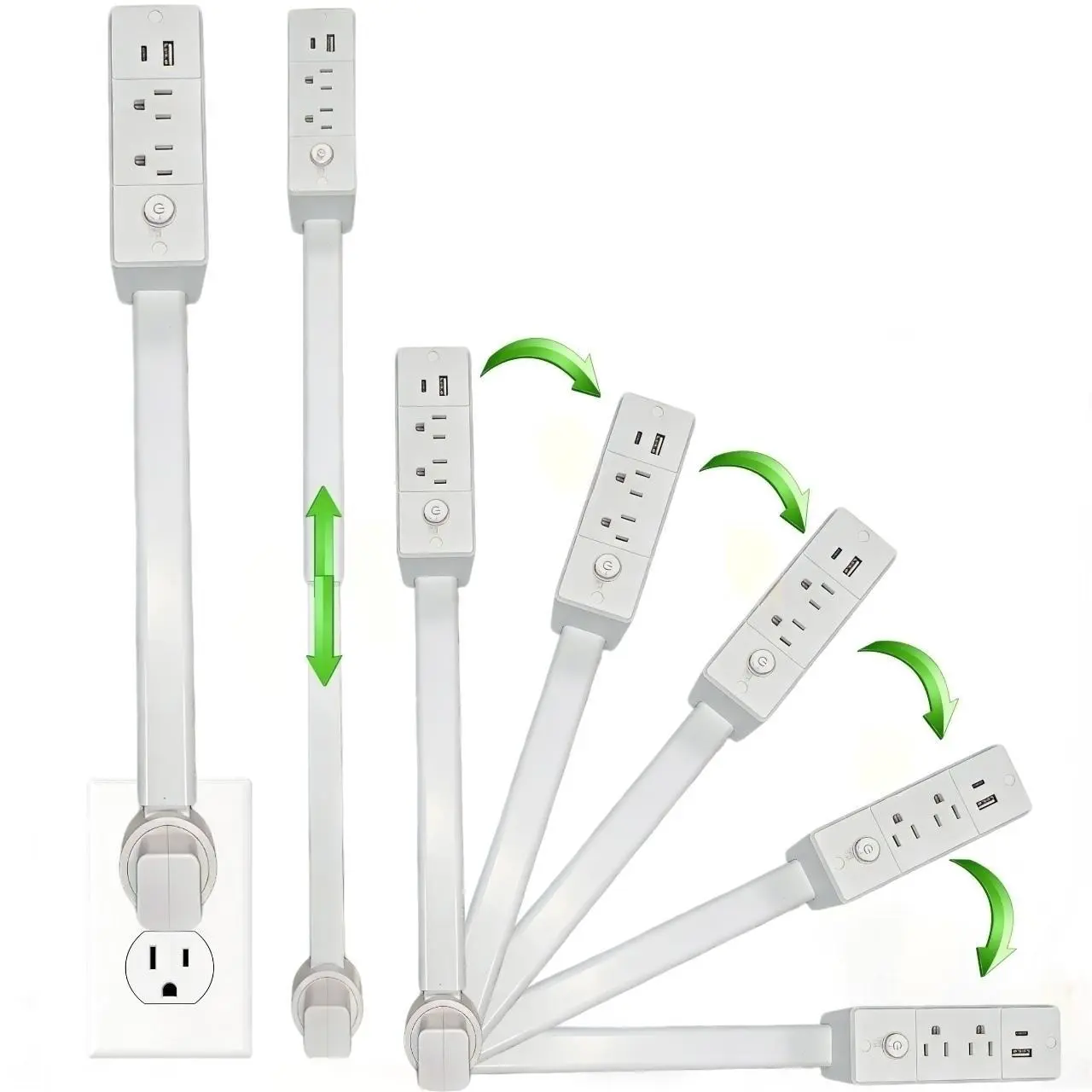 Outlet Extender Outlet electrical  Mountable Multi Plug Wall Outlet, with USB-A  USB-C & 2 AC, Extendable 17-27" Rotatable 180°  Surge Protector Power Strip,UL-certified power  cord,ideal for behind furniture in home/office
