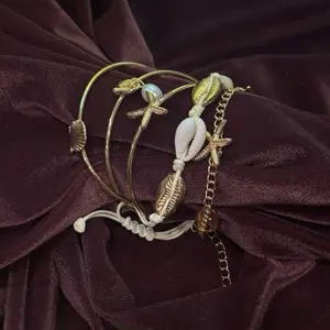 Elegant Bangle - Beach Vibe Costume Jewelry Bracelet with Gold Leaf Charms and Shell Beads for Summer Fashion
