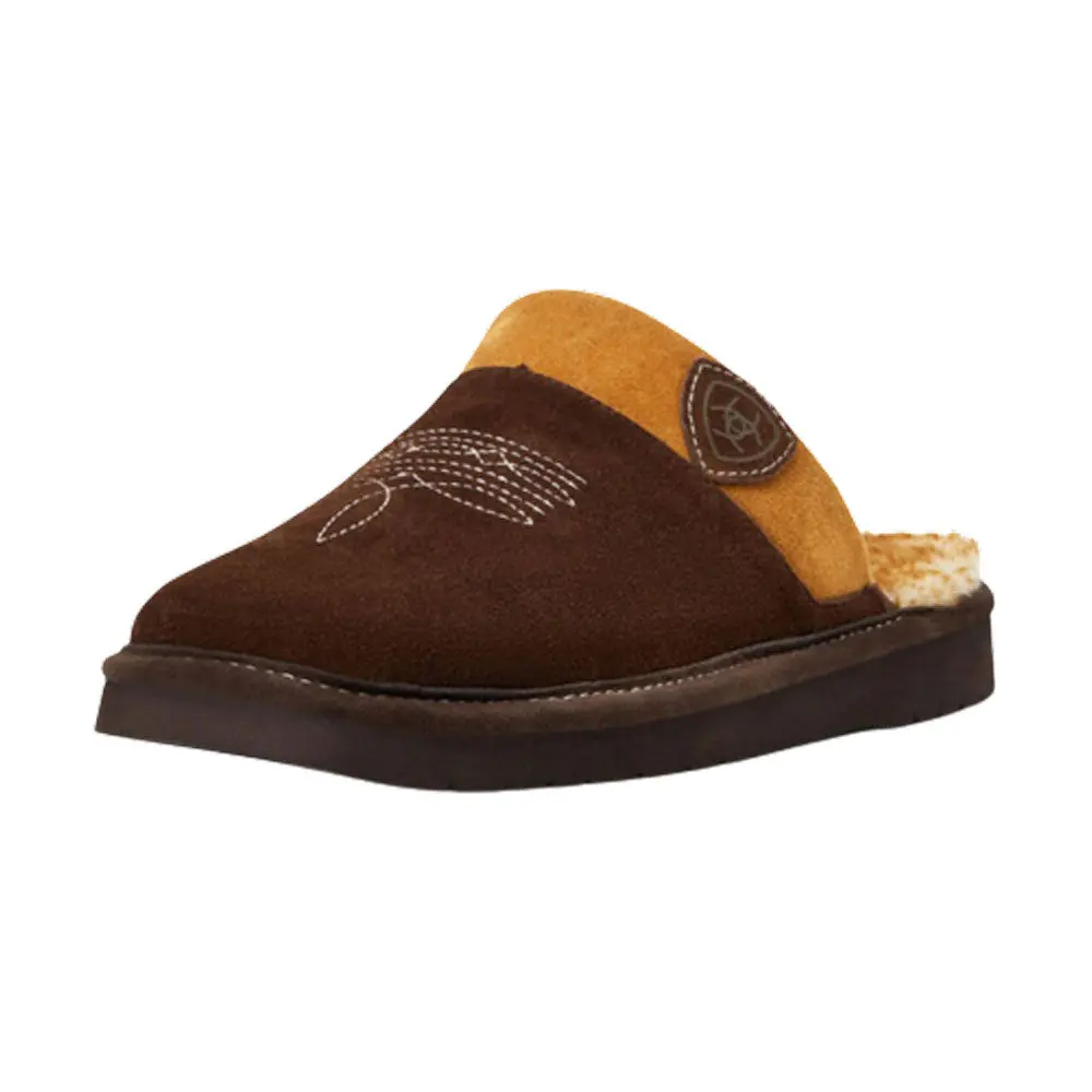 Ariat Men's Silversmith Square Toe Scuff Slipper Chocolate with Chestnut Genuine Suede Upper Warm Faux Shearling Lining Indoor Outdoor Rubber Bottom