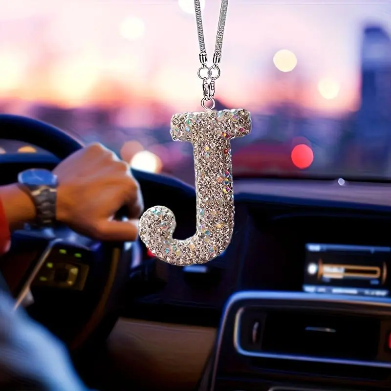 Rhinestone Letter Design Car Pendant, Sparkling Hanging Charm and Lucky Reflective Ornament, Durable Car Interior Accessories, Car Accessory, Car Interior Decoration, Car Interior Decorative, Car Interior Ornaments, Car Decorations Interior