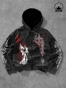 Men's Washed Cotton Hoodie Cardigan, Gothic Print, Casual Long Sleeve Pullover, Fall & Winter Fashion, Comfortable and Stylish