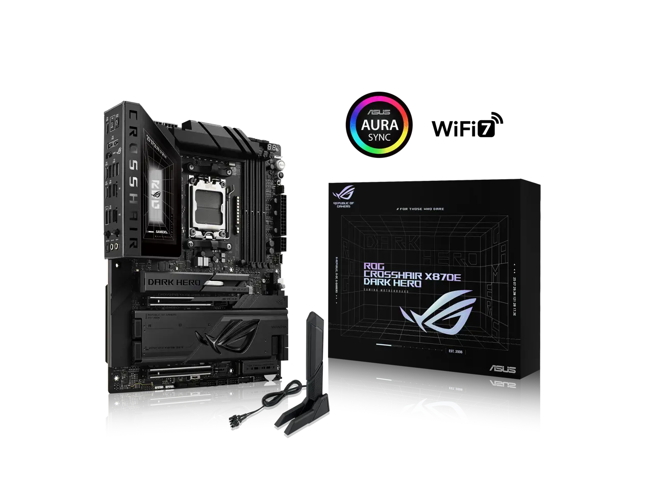 ASUS ROG Crosshair X870E Dark Hero ATX motherboard, 20+2+2 power stages, DDR5 slots, PCIe 5.0, five M.2 slots, 3D VC M.2 heatsink, USB4, AI Cache Boost, PCIe Slot Q-Release, AIO Q-Connector