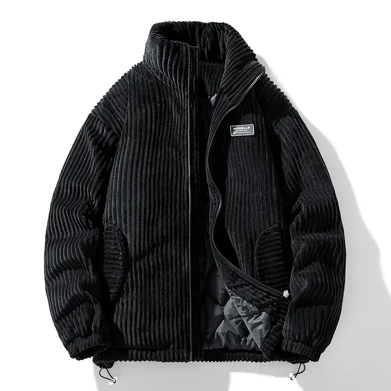 Men’s Quilted Corduroy Stand Collar Puffer Jacket - Plush Lavender Minimalist Fabric Sleeves, Warm Windproof Zip-Up Winter Streetwear Coat, Casual Vintage Menswear Outerwear, Ribbed