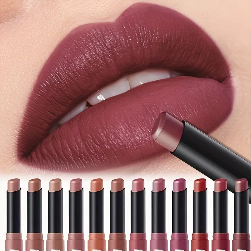 12-Piece Velvet Matte Lipstick Pencil Set, Long-Lasting & Waterproof Hydrating Vegan Lip Crayons, Gentle Cosmetic for Sensitive Lips, Lip Care, Adults
