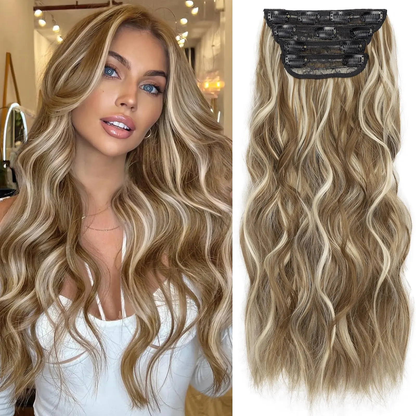 4-Piece Long Wavy Clip in Hair Extensions, Synthetic Double Weft Hairpieces for Women to Add Thickness and Length, Synthetic Artificial Hair, Long Wavy Hairpieces, Hair Extensions Clip In
