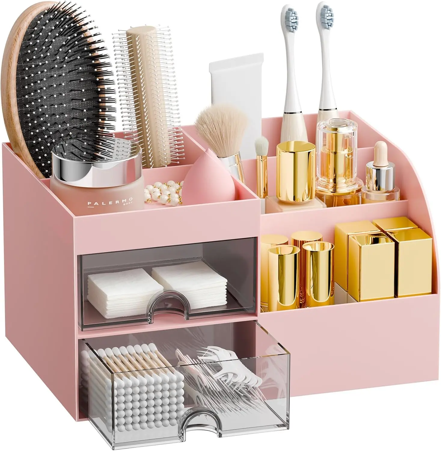 Pink Plastic Minimalist Beauty Makeup Organizer for Vanity - 2 Large Drawers, Transparent Waterproof Case with Brush Holders, Smooth Storage for Beauty Products, Bathroom Countertop Skincare, Modern Gift Box