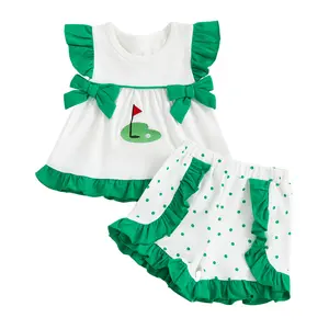 [Lullaby] Toddler Girls Summer 2 Piece Outfits Short Sleeve O Neck Golf Embroidery Tops Dot Print Shorts Sets