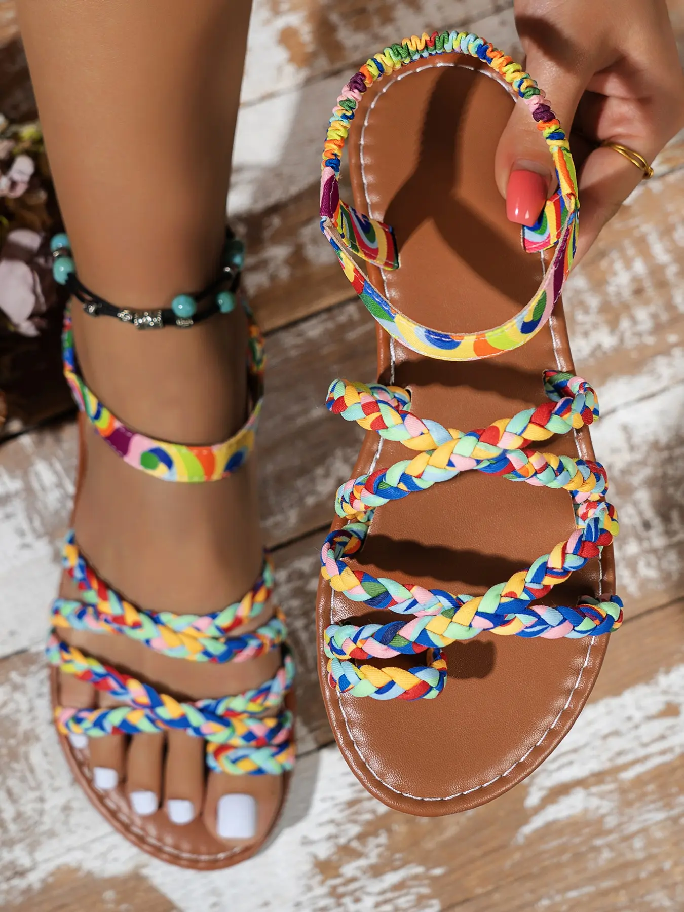 Women's Rainbow Stripe Boho Sandals, Bohemian Trendy Sandals, Comfortable Textile Roman Slippers, Perfect for Beach, Travel, Daily Wear, Slimming Design, Beach Slides Sandals, Casual Beach Shoes