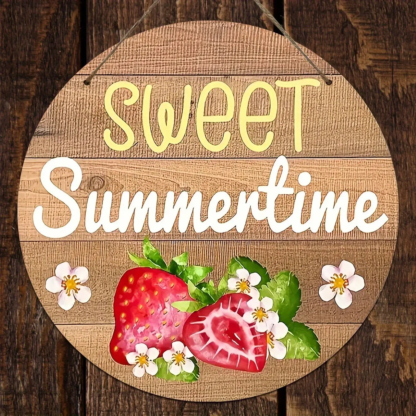 Artistic Wooden Interior Wall Decor Sweet Summer Strawberry and Floral Design, Handmade Round Wall Hanging for Home Decoration