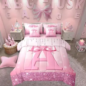 Feelyou 7-Piece Microfiber Soft Bedding Set for Teen Girls - Pink Glitter Bow Design, Monogrammed Initial, Preppy Princess Style, Includes Sheets, Bed Bag, Breathable Soft Blanket, Letter Blanket, Girl Room Decor Essential