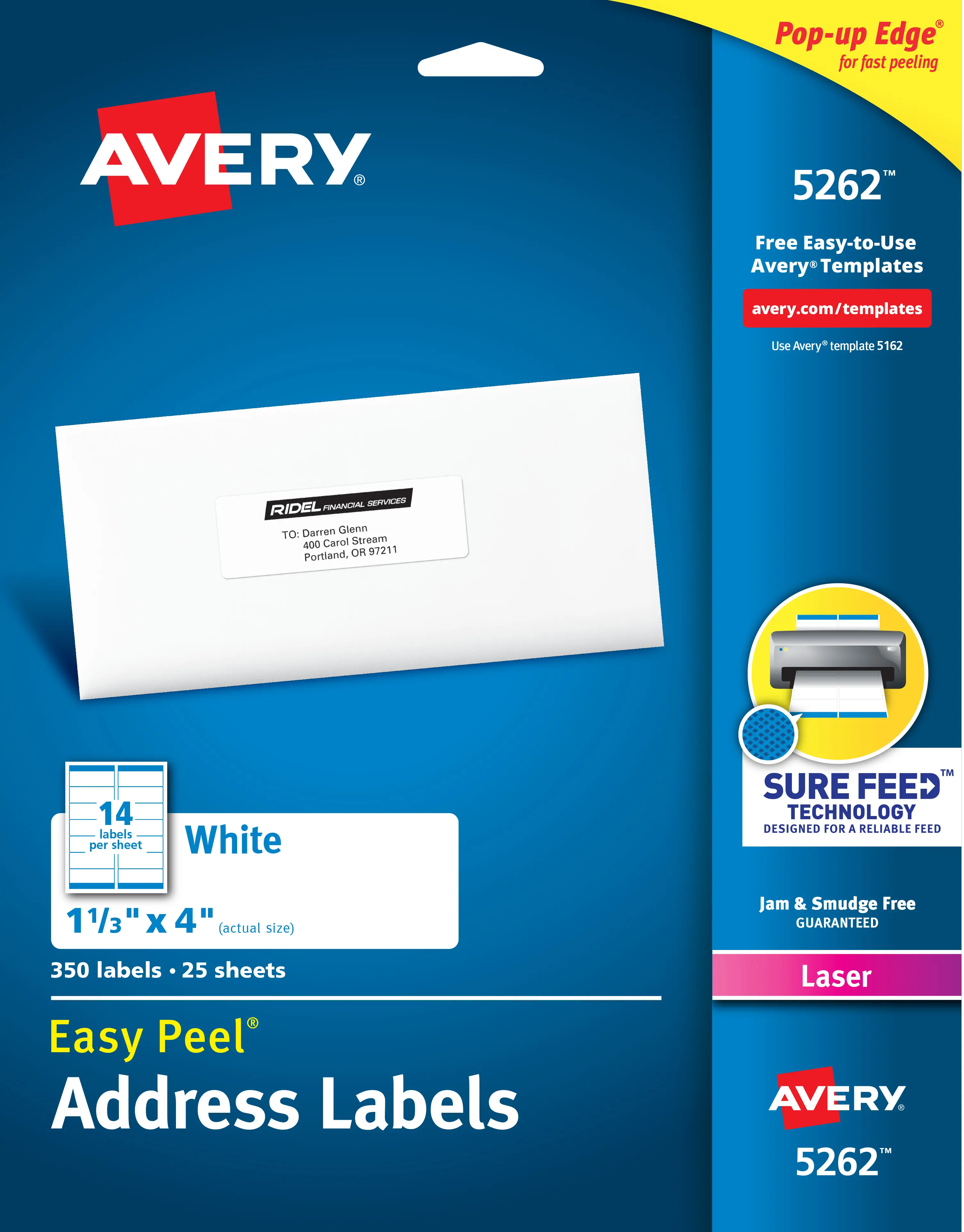 Avery Easy Peel Personalized Address Labels - Self Adhesive Sticky Rectangular Shape, Sure Feed Technology, Permanent Adhesive, 1-1/3"x4", 350 Labels (5262), Self Adhesive Labels, Sticky Labels