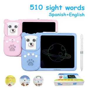 KIDGENIUS Flash Vocabulary Cards & LCD Writing Board for Early Education - 510 Words for English & Spanish Learning, Ideal Gift for Children, Autism Therapy Tool, 3-in-1 Design, Quick Erase Button, Colorful Drawing & Learning Aid