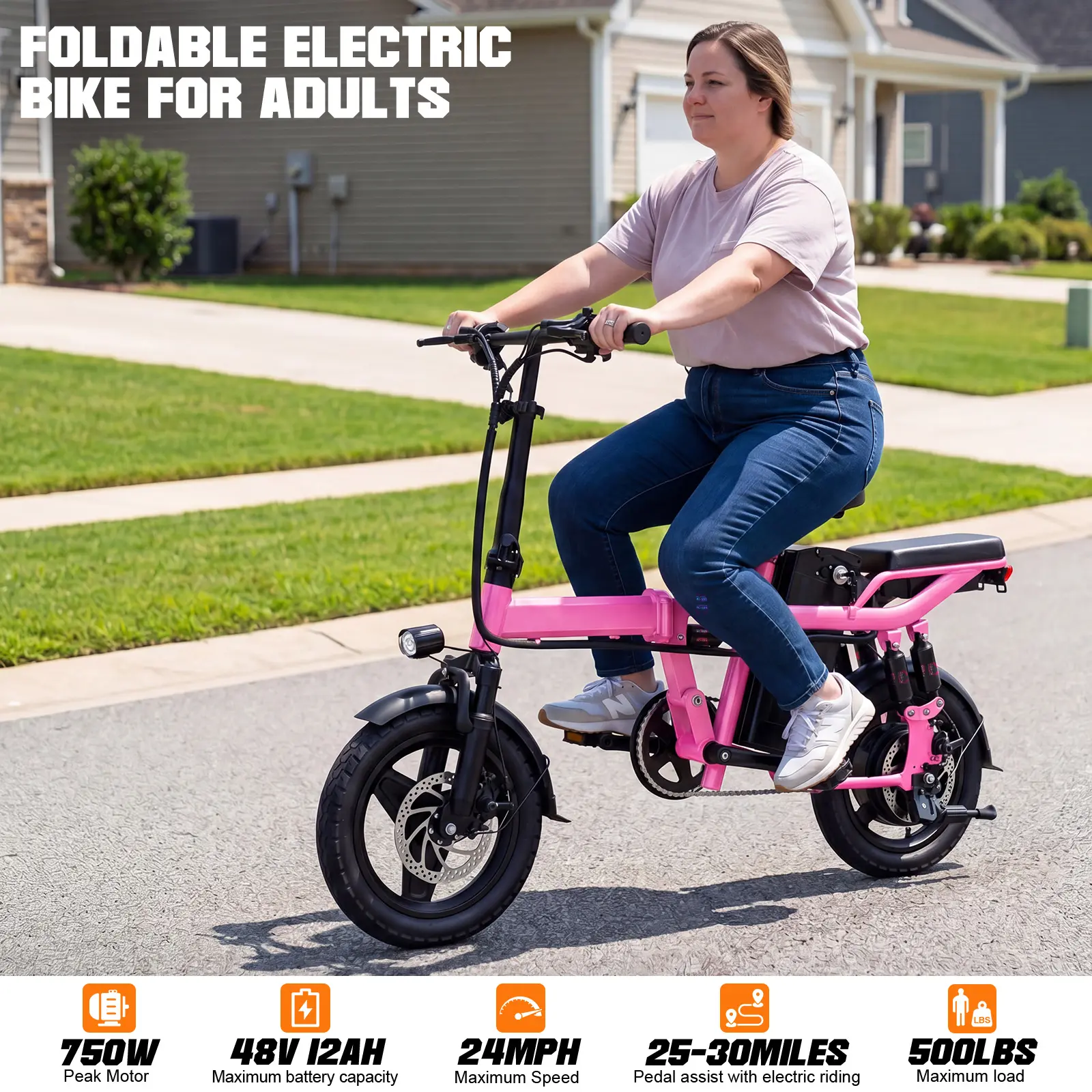 JX Foldable Electric Bike for Adults - 14 Inches Wide Tires, 8-Shock Suspension, 740W Motor, 24MPH, 20-mi Range, Commuter Ebike for Road Riding, Apartment & Office Space Storage