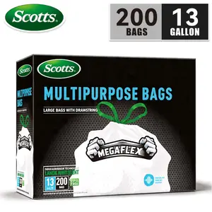 Scotts 13 Gal Boxed Disposable Trashbags (200 Count) - Non-Tear, Puncture-Resistant, Leak-Proof Kitchen Drawstring Bags with Odor Eliminator Technology, Fresh Clean & Lemon Scents, Multipurpose Durable Easy-Use Drawstrings