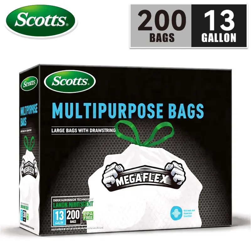 Scotts 13 Gal Plastic Trash Bags (200 Count) - Quick-Tie Drawstring Bin Bags Kit, Stockup Pack, Non-Tear, Puncture-Resistant, Leak-Proof, Odor-Eliminator Tech, Fresh Clean & Lemon Scents, Easy-to-Use Kitchen Home Supplies,dorm essentials,home essentials