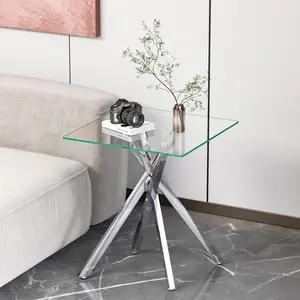 Modern Style Square Side Table with Tempered Glass Top and Metal Tubular Legs, W17.72"*D17.72"*H20.87"