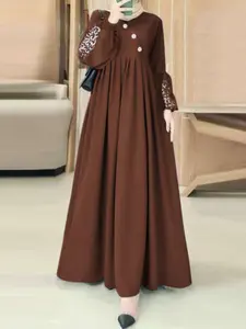 Women's Floral Print Fake Buttons Pleated Dress, Modest Casual V Neck Long Sleeve Dress for Spring & Fall, Women's Islamic Clothing for Daily Wear, Modesty Dresses, Hijabi Cute Dresses