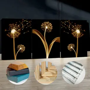 3Pcs Wooden Framed Canvas Painting, Golden Dandelion Flowers And Seeds Images, Exquisite Poster, Home Decoration, Pattern Wall Art Decor, For Living Room, Bedroom, Office, Restaurant, Bar Wall Decor, Odorless, Painting, Print Artwork.