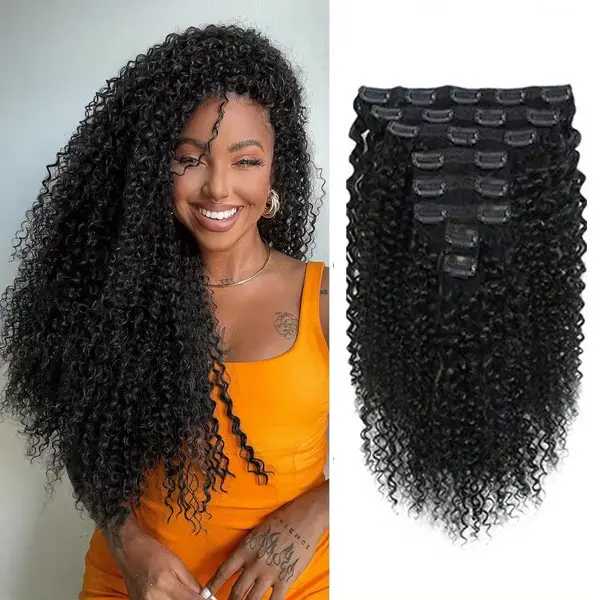 8 pcs/Set Kinky Curly Clip In Hair Extensions Seamless & Invisible Edges Kinky Culry Human Hair Natural Color Quick Weave Hair Extensions For Women