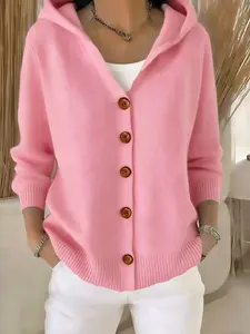 Women's Hooded Button Front Knit Cardigan, Soft Long Sleeve Cardigan, Casual Versatile Knitwear for Spring, Fall and Winter