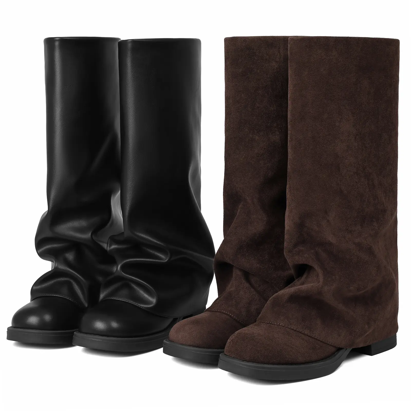 EROCALLI Women's Slouchy Knee High Boots Casual Round Toe Pull On Boots Fold Over Chunky Low Heel Platform Boot Fold Over Mid Calf Flat Boots Comfortable