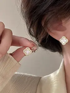 Elegant S925 Four-Leaf Clover Earrings Set, High-Quality Silver Color Jewelry, Trendy Fashion Accessories for Women & Girls, Stud Earrings Jewelry