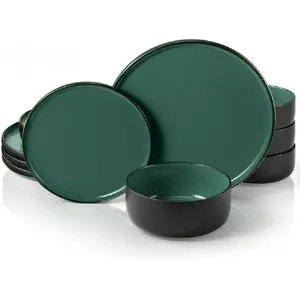 12 Piece Dinnerware Set for 4 with 10.5” Ceramic Dinner Plates 8.2” Salad Plates and 20 oz Stoneware Bowls Black or Jade for Home Dining