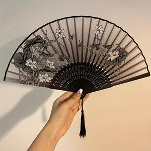 Retro elegant bamboo and floral design folding fan, handheld portable fan for home decoration, dance and gifts-with tassel, decorative fan, Flowers, Decoration Items