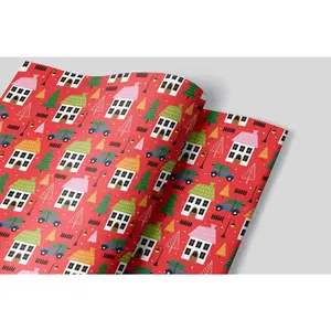 Gift Wrapping Paper with Christmas Village Design - 3 Sheets