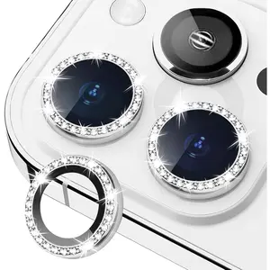 Bling Diamond Individual Camera Lens Protector for iPhone 13 Pro/iPhone 13 Pro Max, HD Clear Tempered Glass Camera Lens Protection Cover, Case Friendly, Scratch Proof (Diamond Silver)