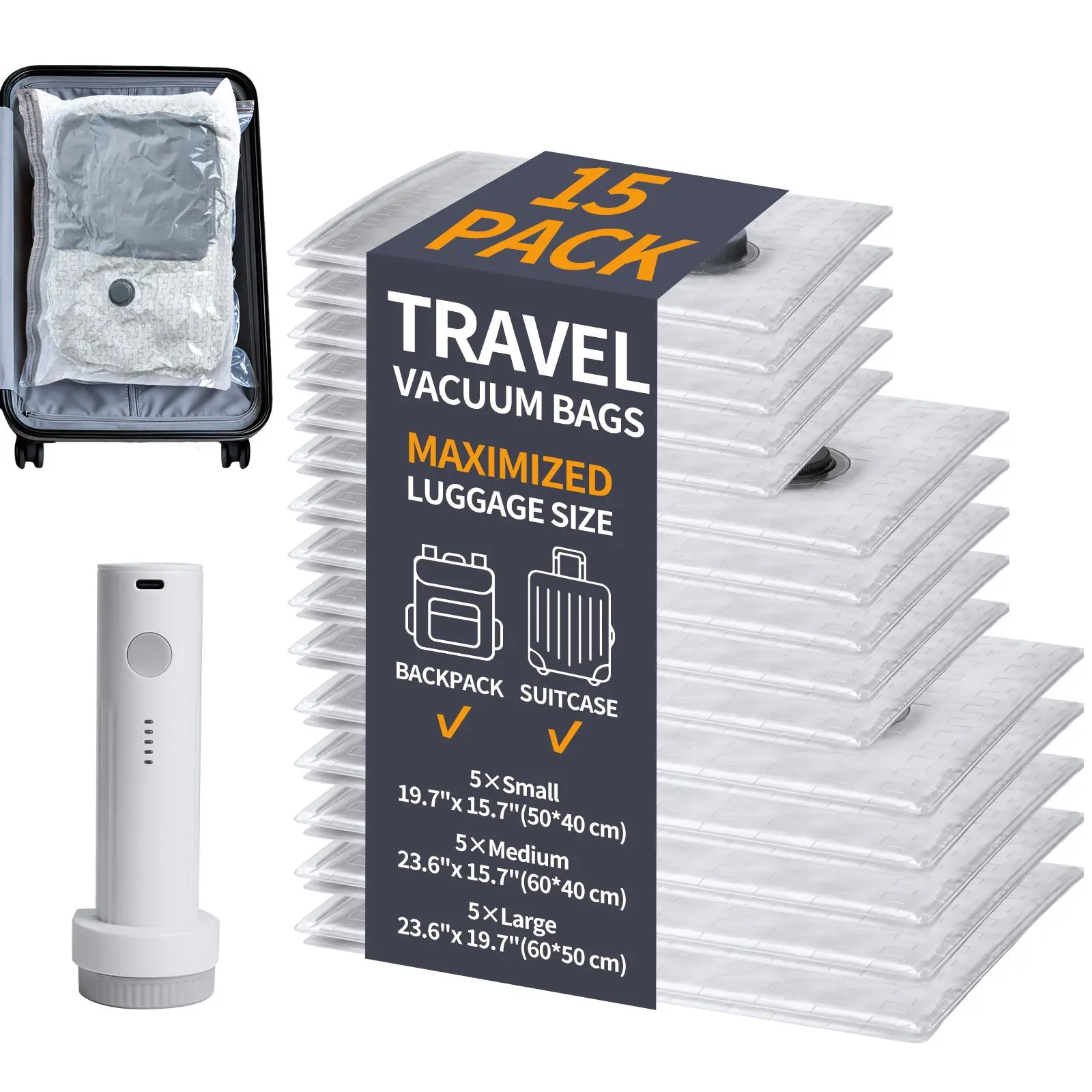 [HortiNest]  15-Pack Travel Vacuum Storage Bags Set – Cordless USB Rechargeable Compression Bags in 3 Sizes for Suitcase Organization & Space Saving