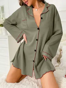 Color Block Edged Button Front Lounge Dress Designed For Cozy Fall And Winter Wear And Simple Home Comfort